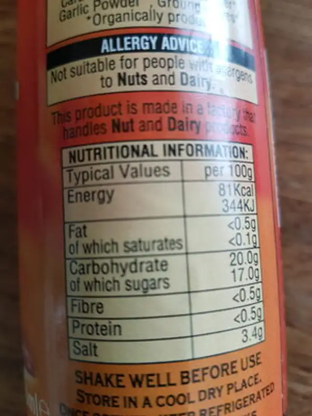Organic & vegan Worcester sauce nutrition facts table
