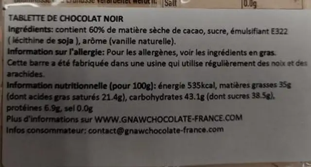 Dark chocolate ingredients label