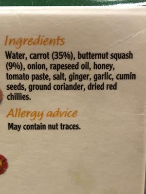 Soupe Fraiche Carotte Courge Butternut ingredients label