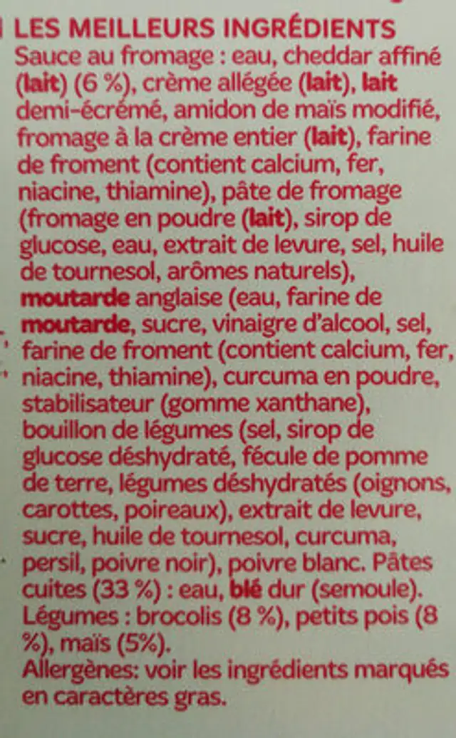 Macaronis au fromage et aux brocolis ingredients label