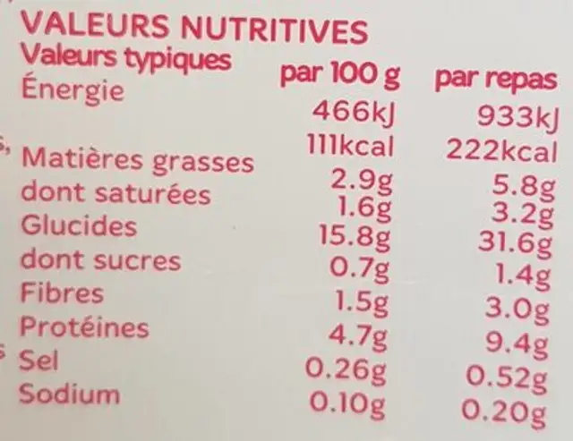 Macaronis au fromage et aux brocolis nutrition facts table