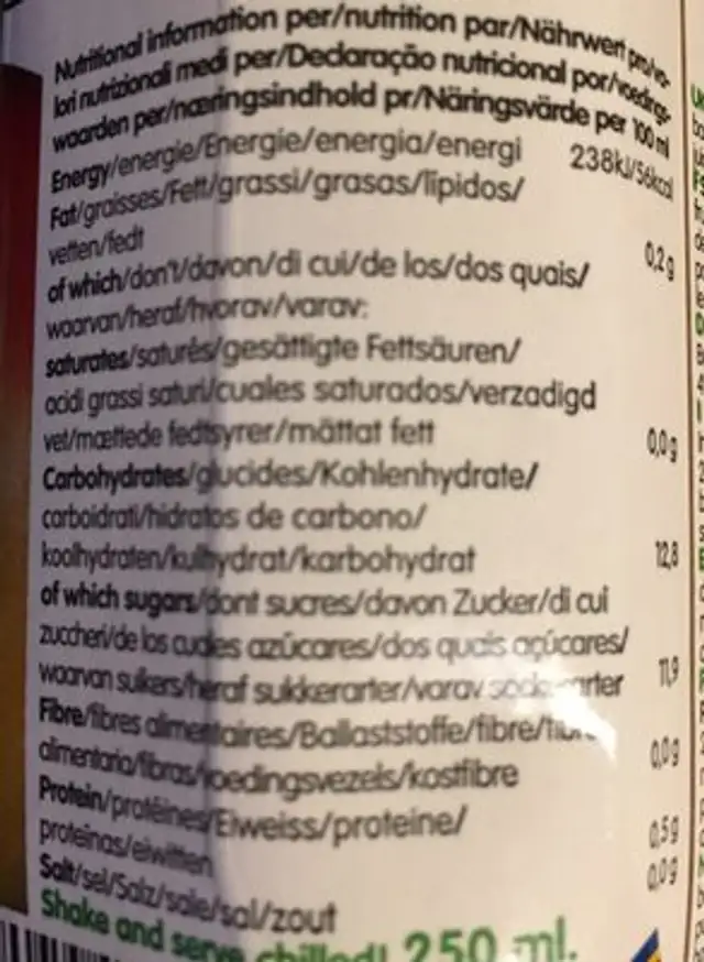Smoothie Mangue ingredients label