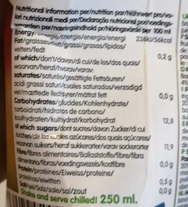 Smoothie Mangue nutrition facts table