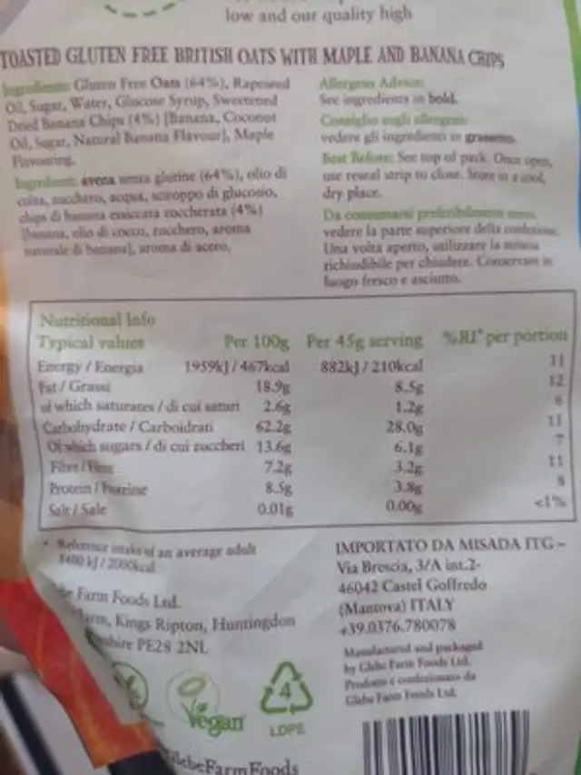 GLEBE FARM MAPLE G BANANA Imp PROMO nutrition facts table