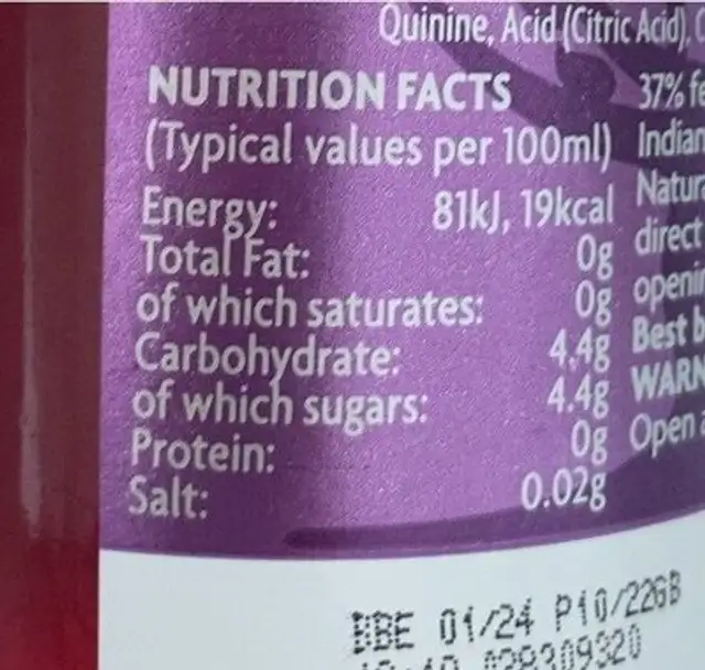 Damson and Sloe Berry tonic water nutrition facts table
