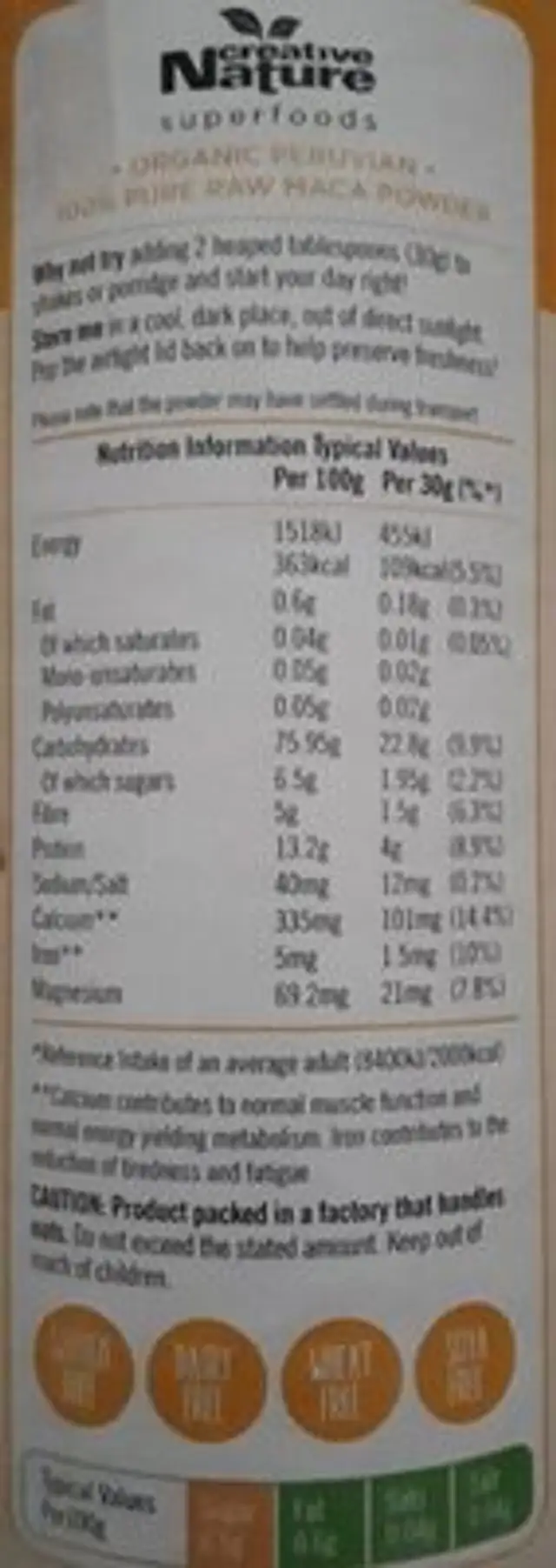 Maca Power nutrition facts table