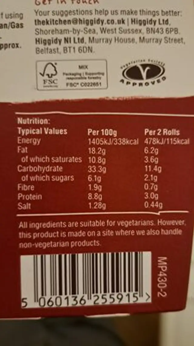 Mature Cheddar & Sweet Chilli Dinky Rolls nutrition facts table