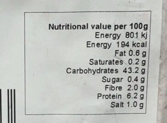 White sourdough nutrition facts table