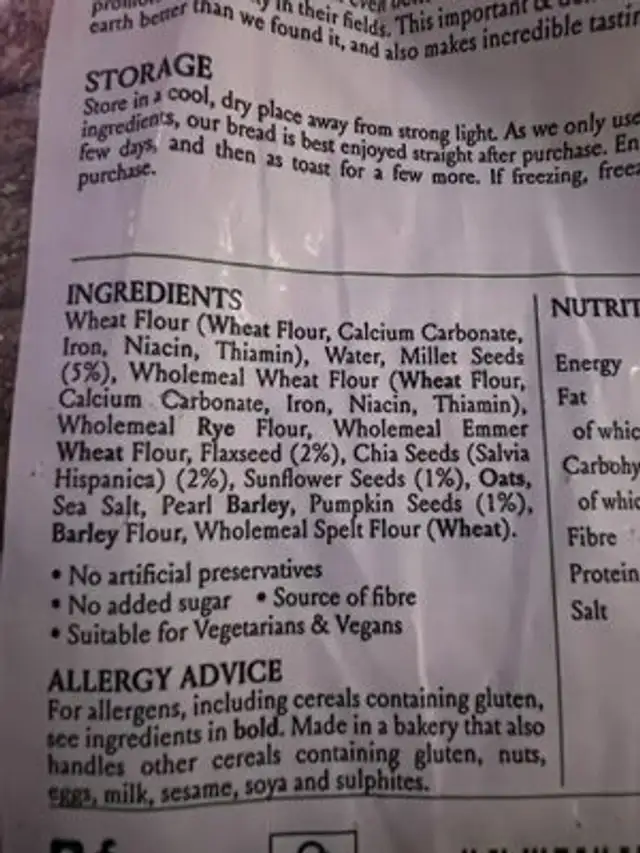 seven seeds and grains sourdough ingredients label