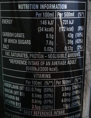 Monster Energy Orange Khaos nutrition facts table