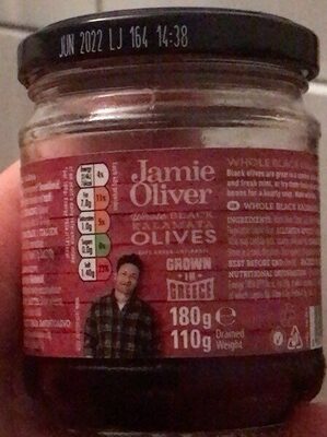 Jamie Oliver Whole Black Kalamata Olives front packaging