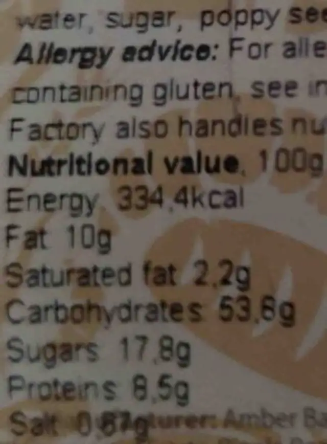 Pastry with poppy seeds nutrition facts table