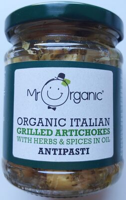 Organic Italian Grilled Artichokes with herbs and spices in oil front packaging