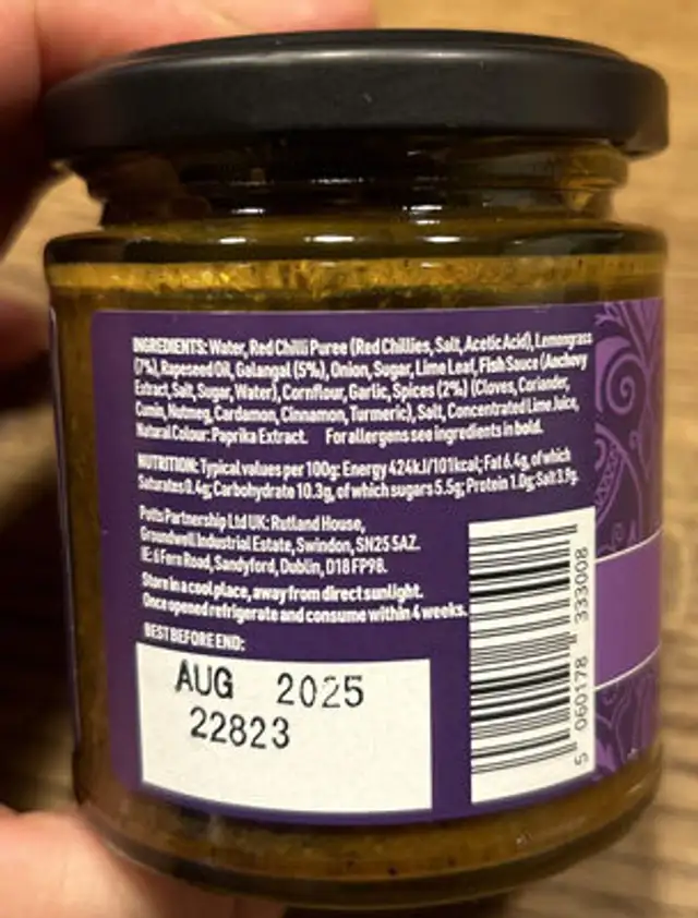 Massoman Curry Paste ingredients label
