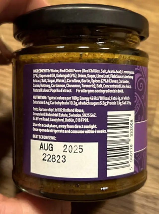 Massoman Curry Paste nutrition facts table