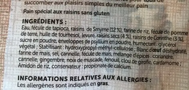 Pain aux raisins sans gluten ingredients label