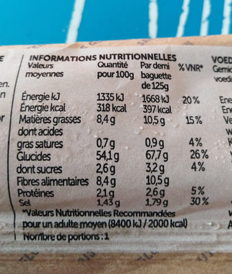 Demi baguette sans gluten nutrition facts table
