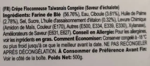 Crêpe floconneuse taïwanaise ingredients label