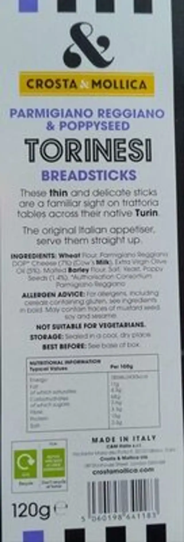 Parmigiano Reggiano & Poppyseed Torinesi Breadsticks ingredients label