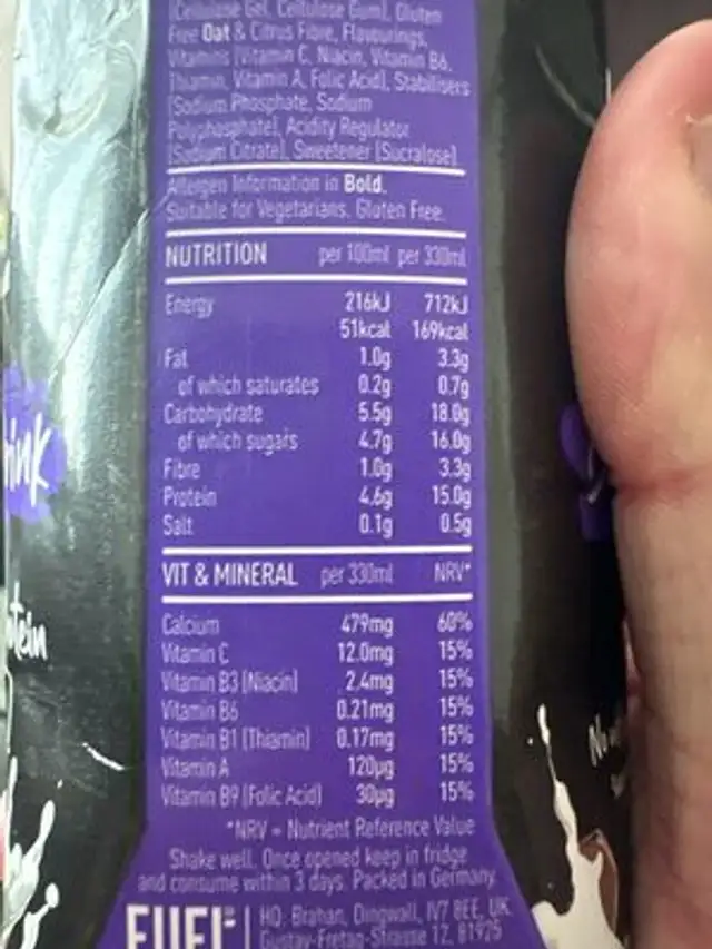 High Protein Chocolate Breakfast Milk Drink imp nutrition facts table