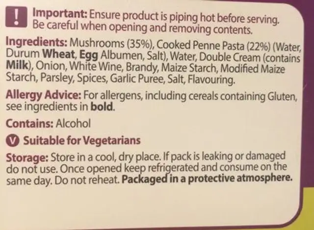 Mushroom Pasta ingredients label