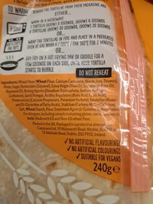 Mini Tortillas ingredients label