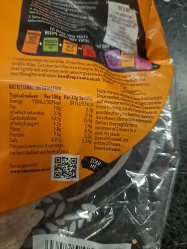 Mini Tortillas nutrition facts table