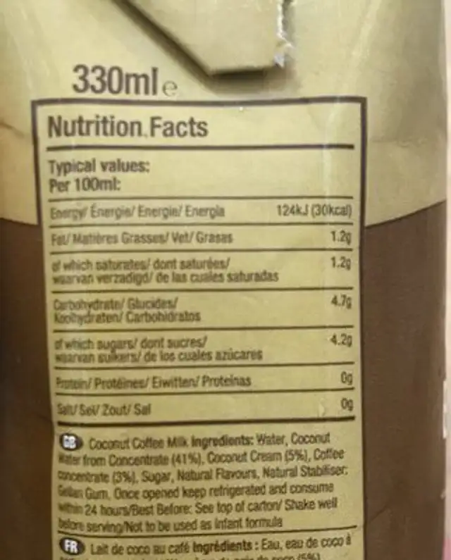 Cold Brew Coffee with Coconut Milk nutrition facts table