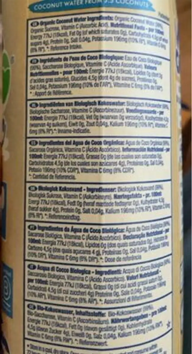 organic nutrition facts table