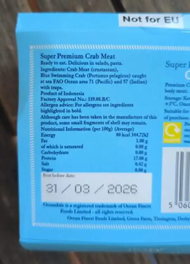 Select Super Premium White Crab Meat ingredients label