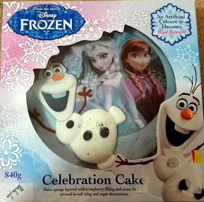 Disney Frozen Celebration Cake - Moist Sponge Layered with Raspberry Filling and Sweet Frosting covered in soft icing and sugar decorations.