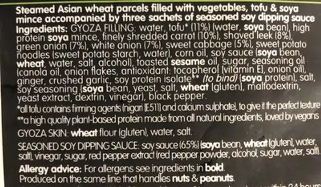 Vegetable Fusion Gyoza Dinner Dumplings ingredients label