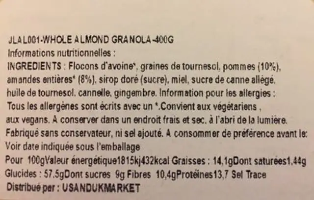 Whole Almond Granola ingredients label