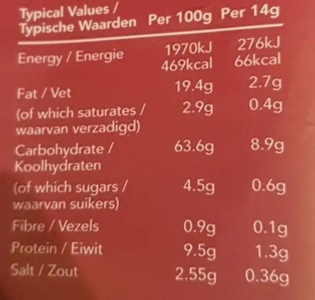 Barbecue Lentil Chips nutrition facts table