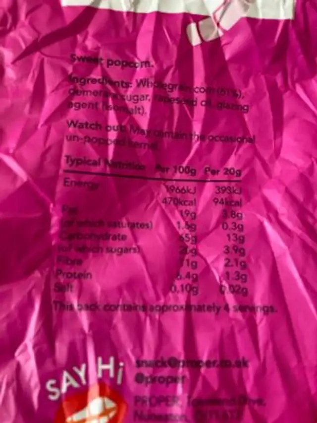 Proper Corn Sweet Popcorn nutrition facts table