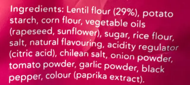 Lentil Chips - Prawn Cocktail Flavour ingredients label