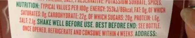 Tomato ketchup nutrition facts table