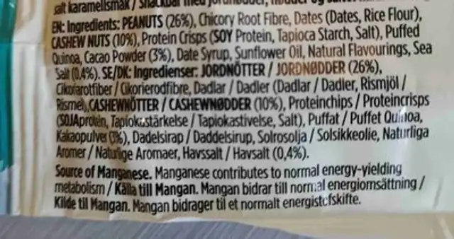 Quinoa Bar m/Kakao,Pean,Karamell 35g Perkier ingredients label