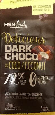 Dark choco with coco 72% front packaging
