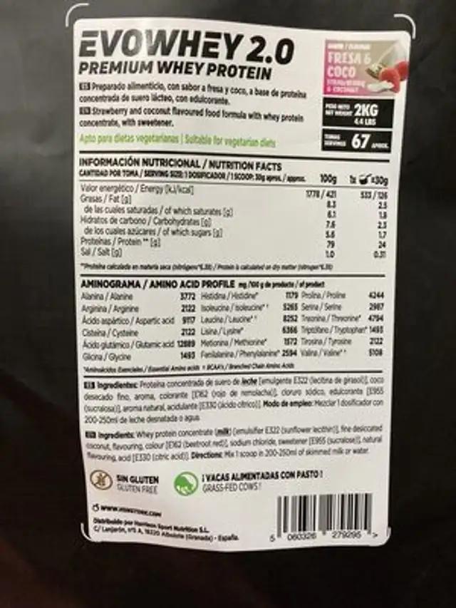 EVOWHEY 2.0 ingredients label