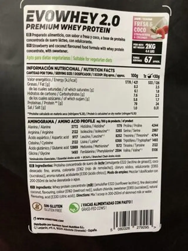EVOWHEY 2.0 nutrition facts table