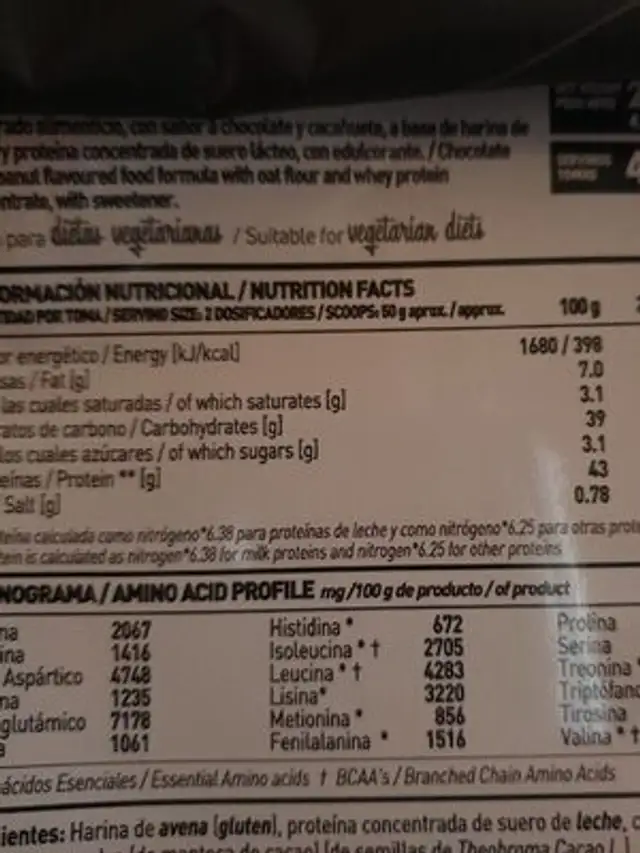 Evowhey nutrition facts table