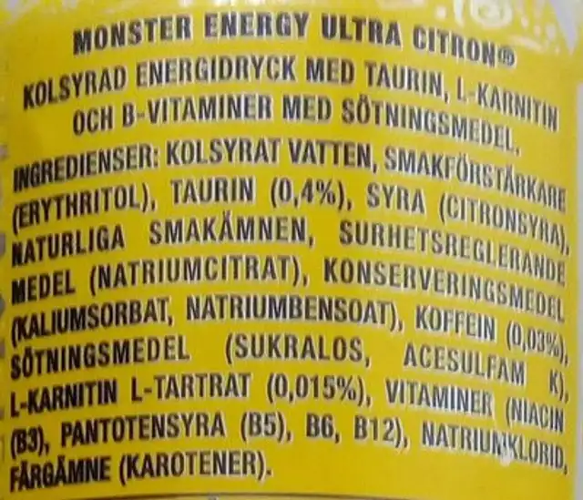 Monster Energy Ultra Citron ingredients label