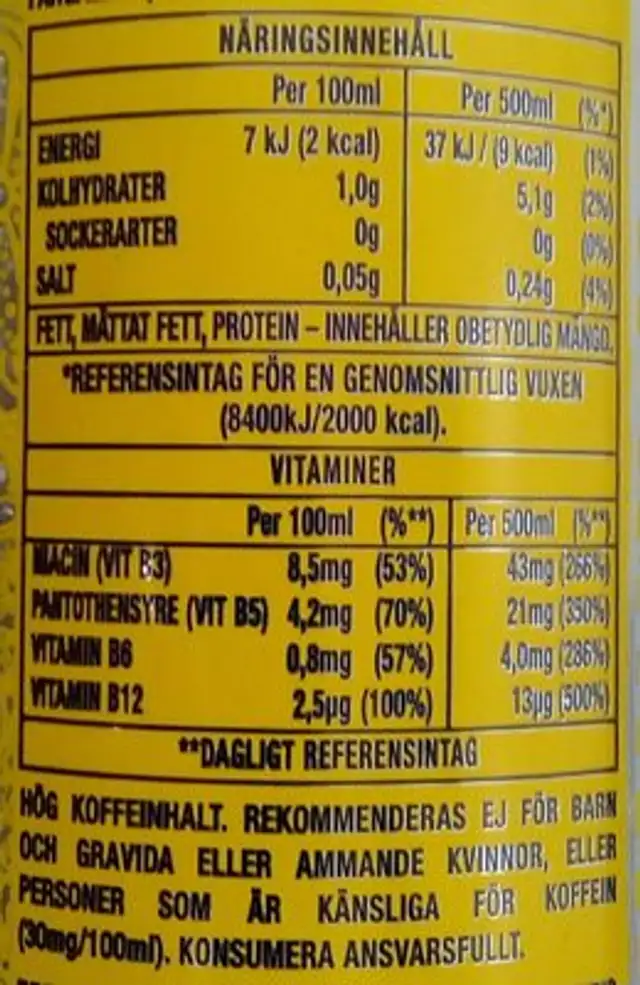 Monster Energy Ultra Citron nutrition facts table