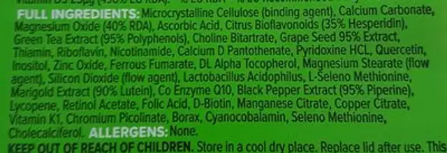 Bulk Powders Complete Multivitamin Complex - Pack of 270 Tablets ingredients label