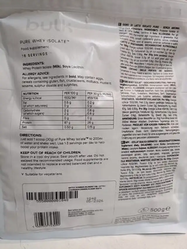 Pure whey isolate unflavoured ingredients label