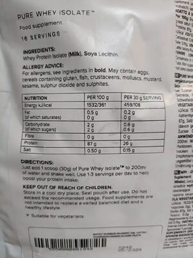 Pure whey isolate unflavoured nutrition facts table