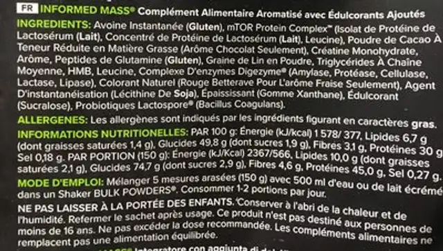 Informed Mass ingredients label