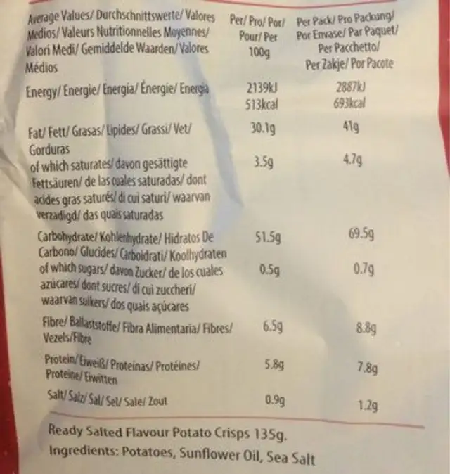 Ten Acre Hand cooked crisps chips nutrition facts table