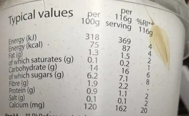 Activia oat based nutrition facts table